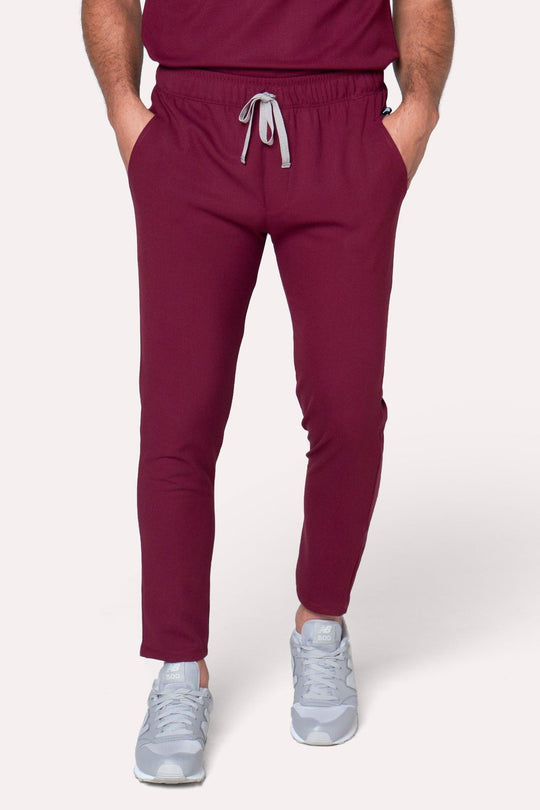 Front view of Fresh Burgundy Scrub Pants showing the jogger fit and drawstring waist