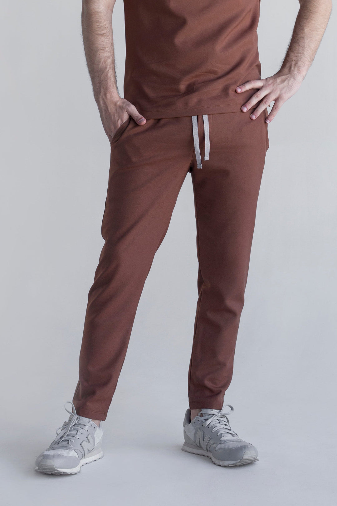 Front view of Fresh Cocoa Scrub Pants showing the jogger fit and drawstring waist