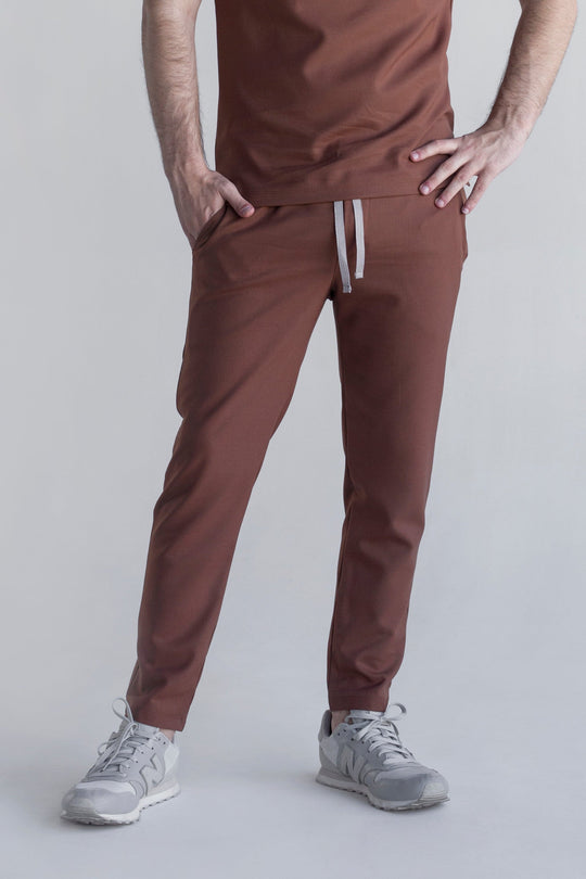 Front view of Fresh Cocoa Scrub Pants showing the jogger fit and drawstring waist