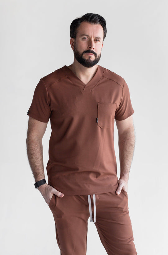 Man wearing Fresh Cocoa Scrub Top by Work &amp; Chill
