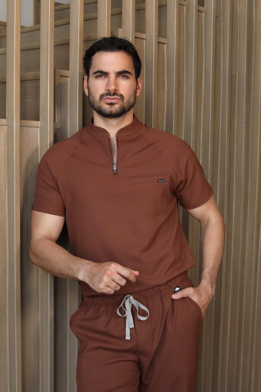 Man wearing Harry Cocoa Scrub Top by Work &amp; Chill