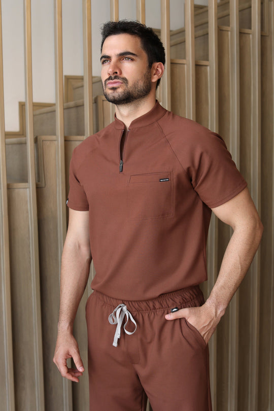 Harry Cocoa Scrub Top styled with matching pants showing the tailored fit