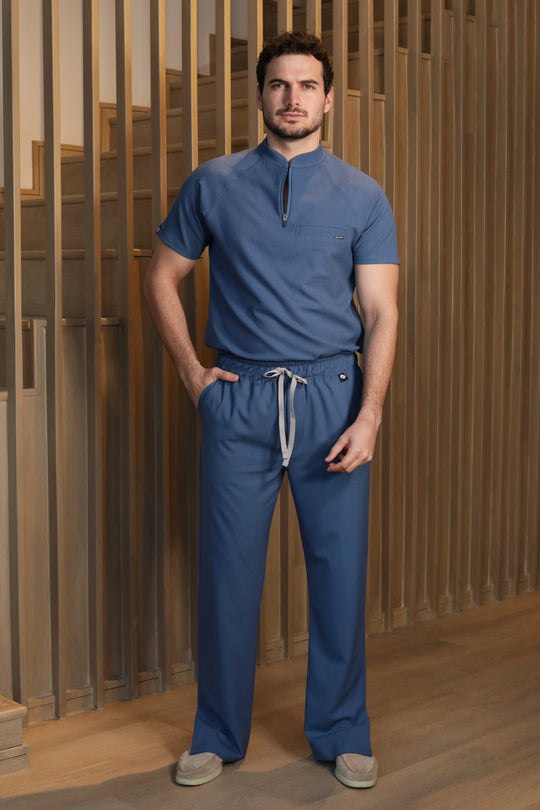 Model wearing Harry Indigo Scrub Pants with matching Harry Scrub Top