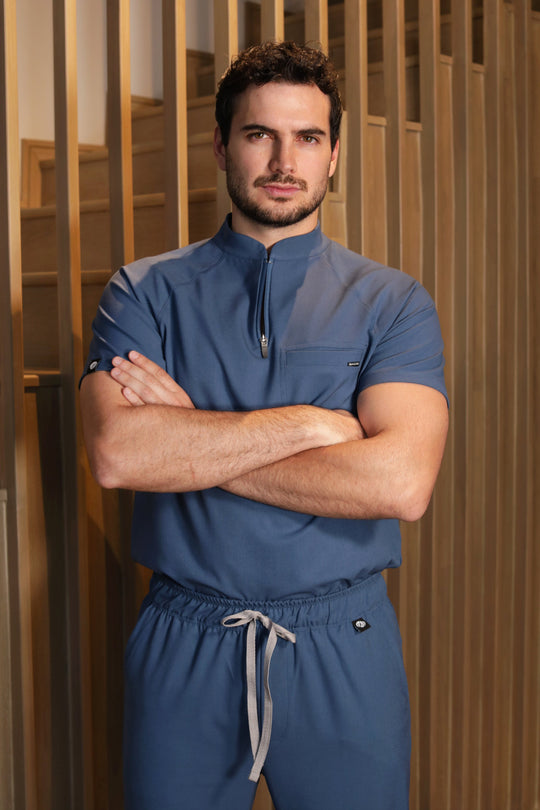 Man wearing Harry Indigo Scrub Top by Work &amp; Chill