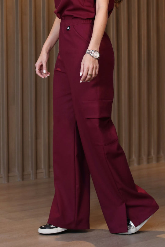 Front view of Kate Burgundy Scrub Pants showing the wide-leg fit