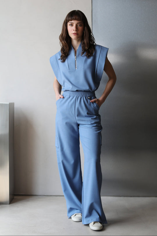 Woman wearing Kate Chambray Scrub Pants with matching Kate Scrub Top