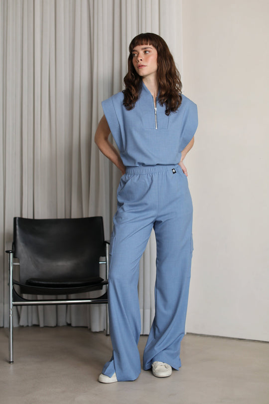 Front view of Kate Chambray Scrub Pants styled with matching scrub top