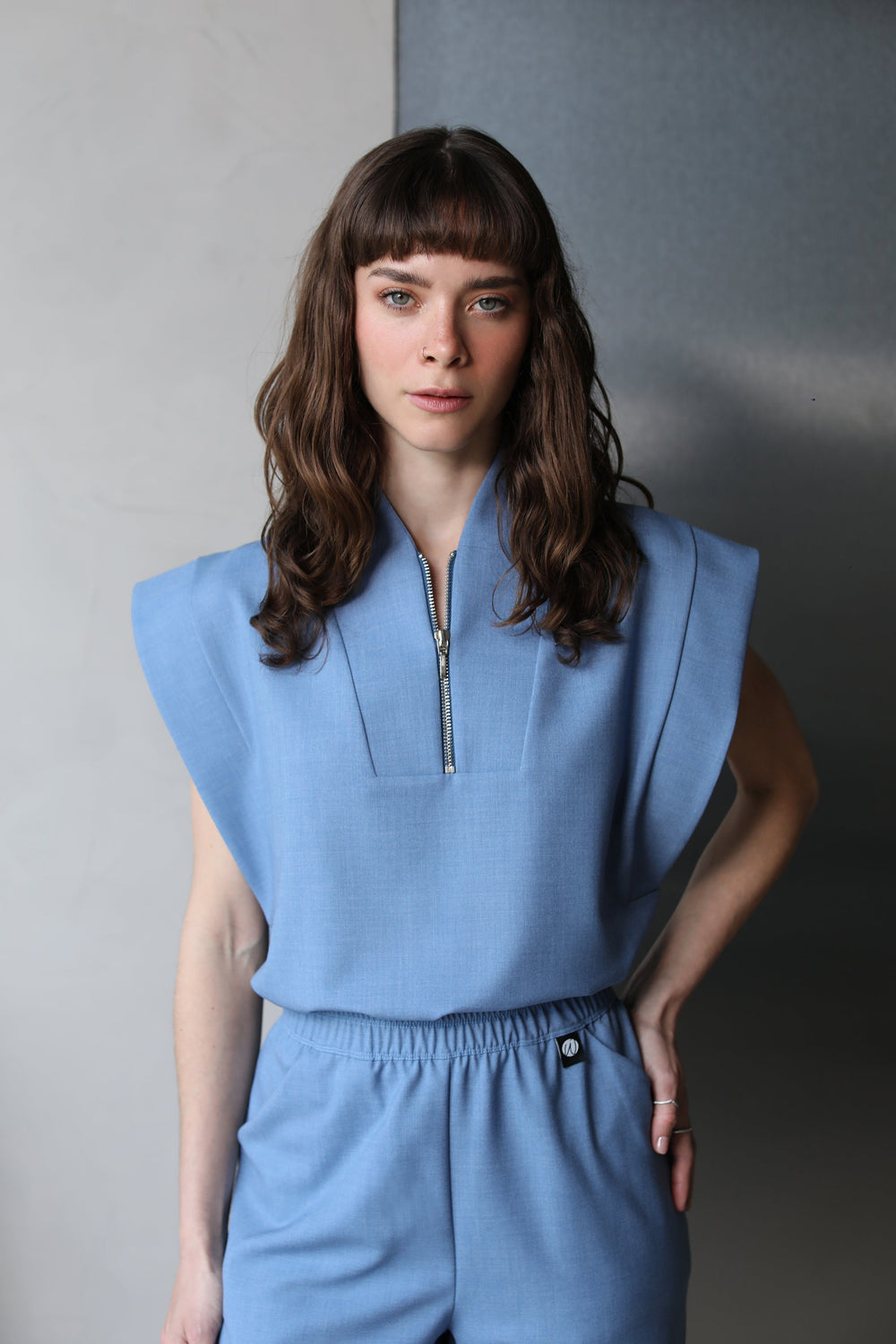 Kate Chambray Scrub Top styled with matching scrub pants