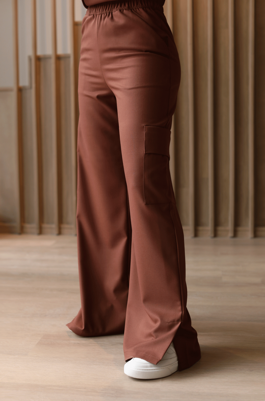 Front view of Kate Cocoa Scrub Pants showing the wide-leg fit