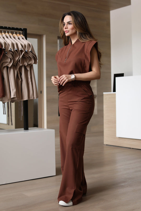 Model wearing Kate Cocoa Scrub Pants with the matching Kate Scrub Top