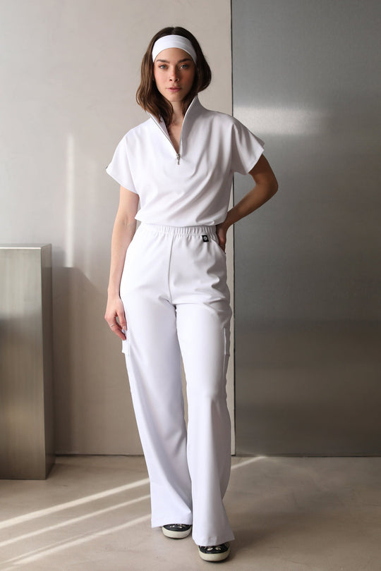 Kate Crystal White Scrub Pants styled with the matching Kate Scrub Top