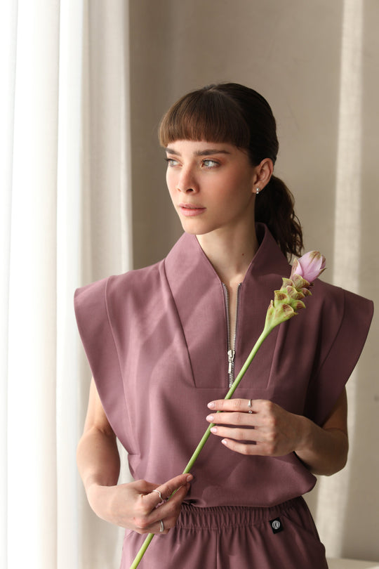 Kate Mauve Scrub Top shown on model