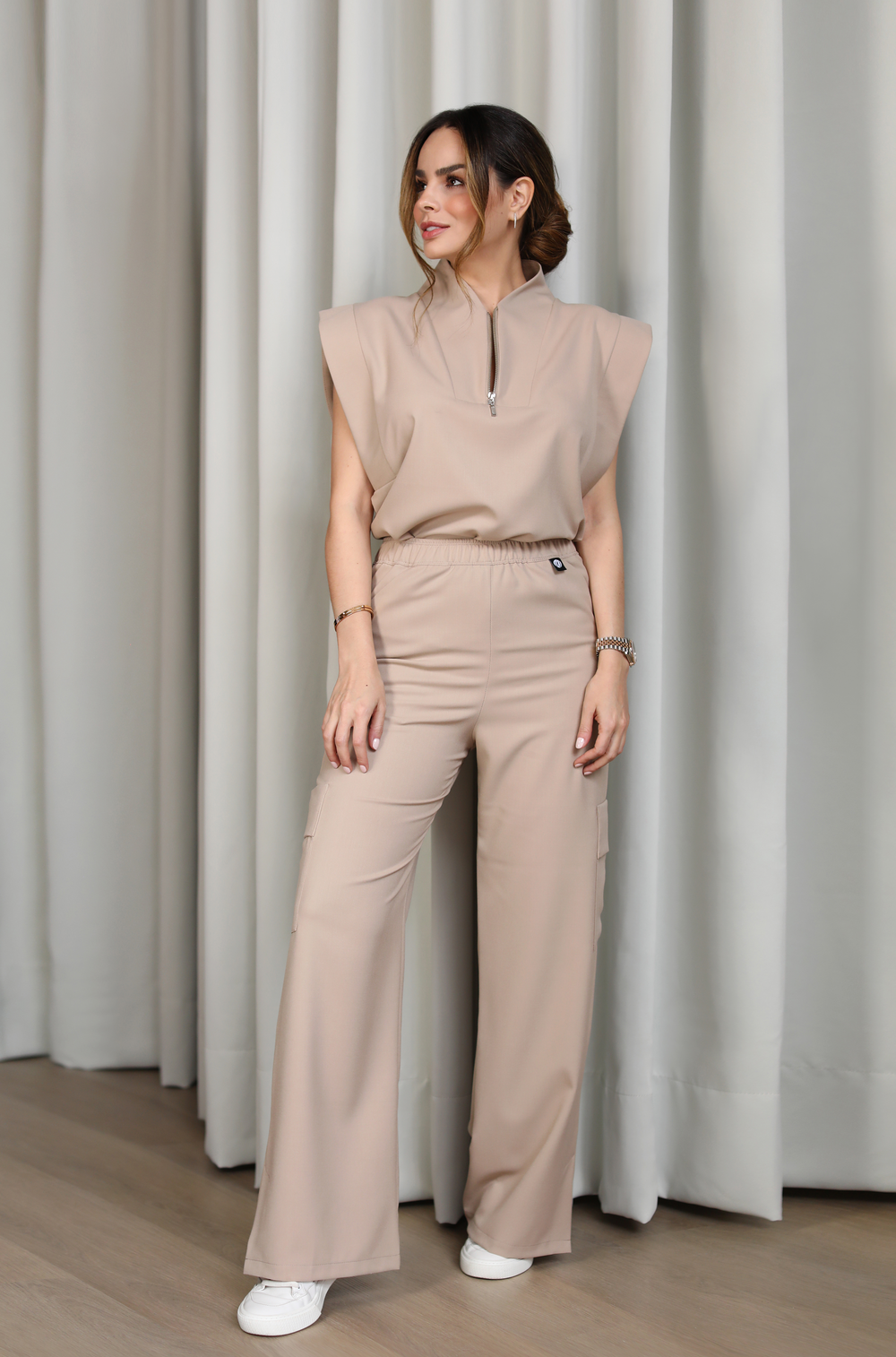 Model wearing Kate Natural Scrub Pants with the matching Kate Scrub Top
