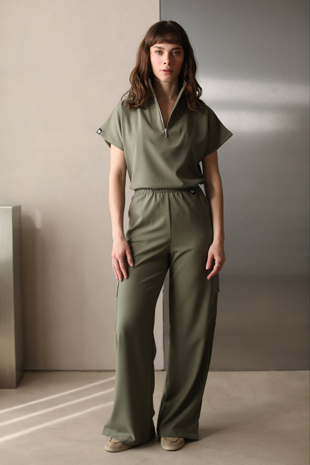 Kate Olive Scrub Pants styled with the matching Kate Scrub Top