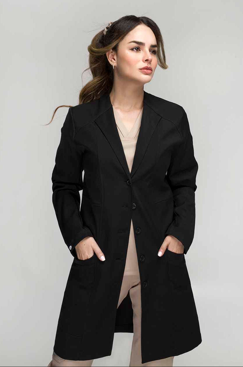 Woman wearing Women’s Black Medic Coat by Work & Chill