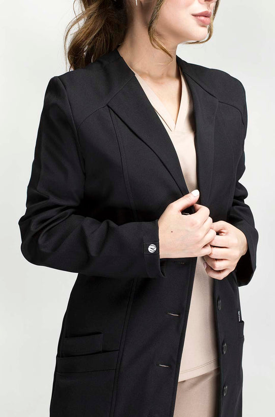 Front view of Women’s Black Medic Coat showing the tailored fit and long sleeves
