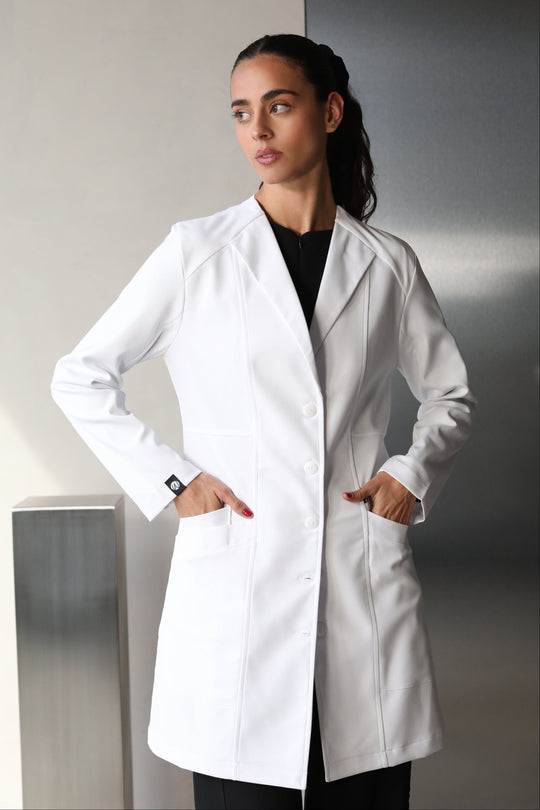 Model wearing Women’s Medic Coat in White – Work &amp; Chill