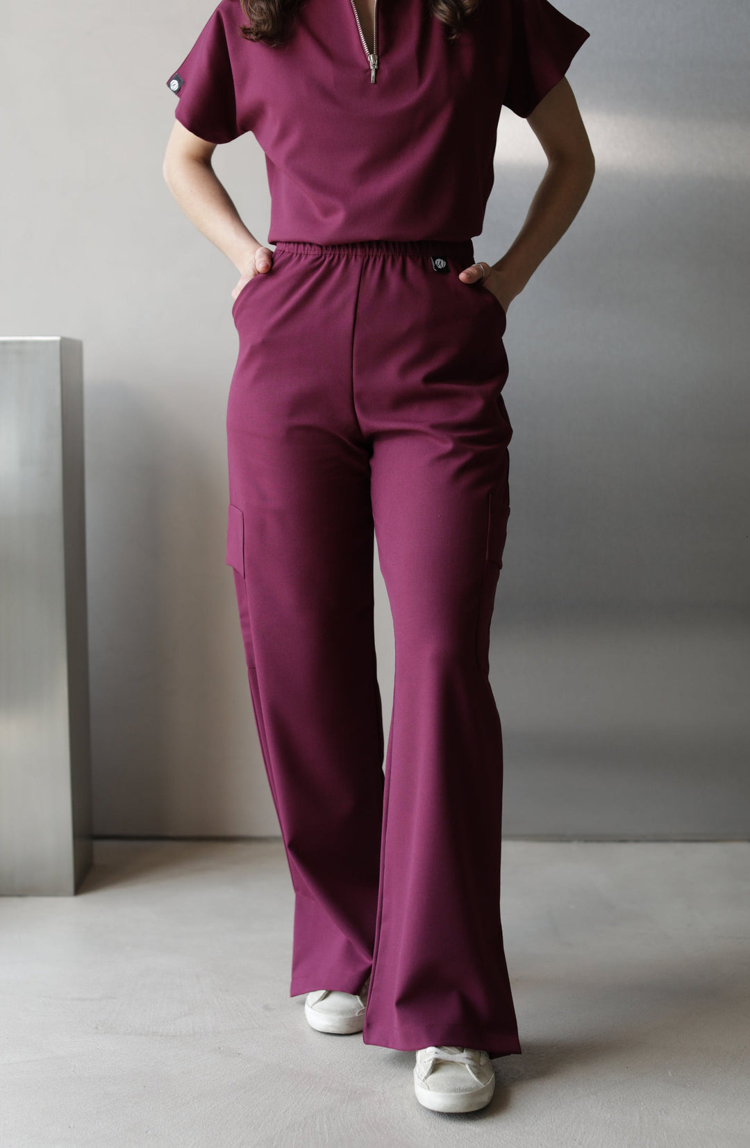 Victory Burgundy Scrub Top styled with matching scrub pants