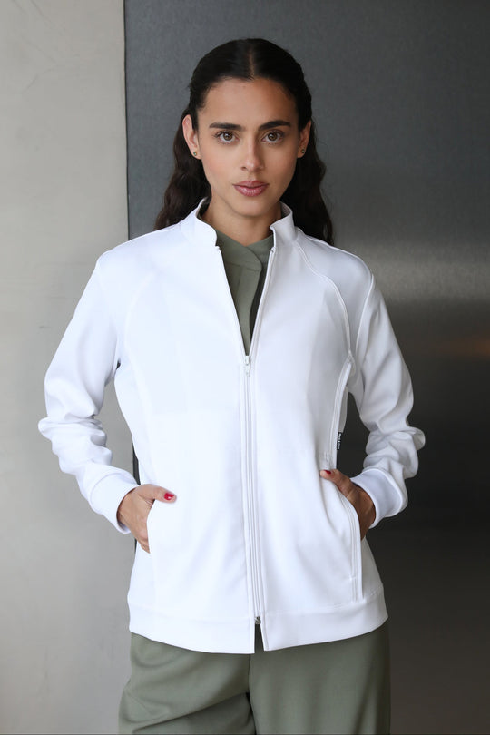 Woman wearing Women’s White Medic Coat by Work &amp; Chill